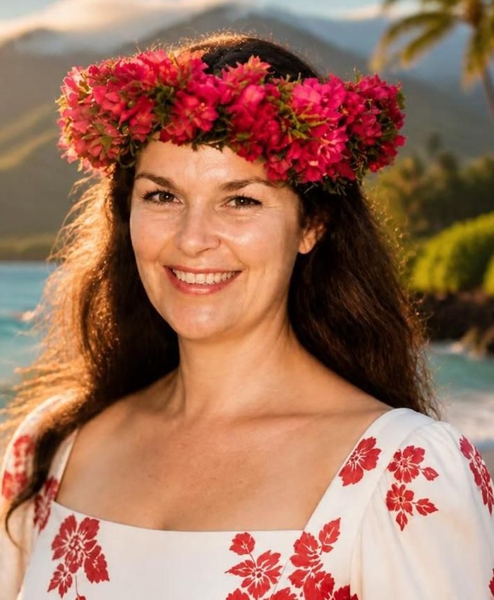 J. Michele Bodine wearing a red flower lei in Hawaii