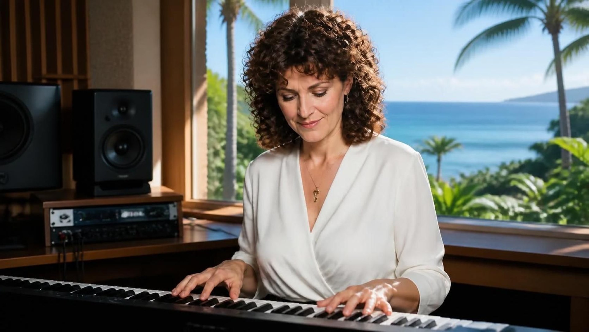J. Michele Bodine at the keyboard in her studio in Hawaii